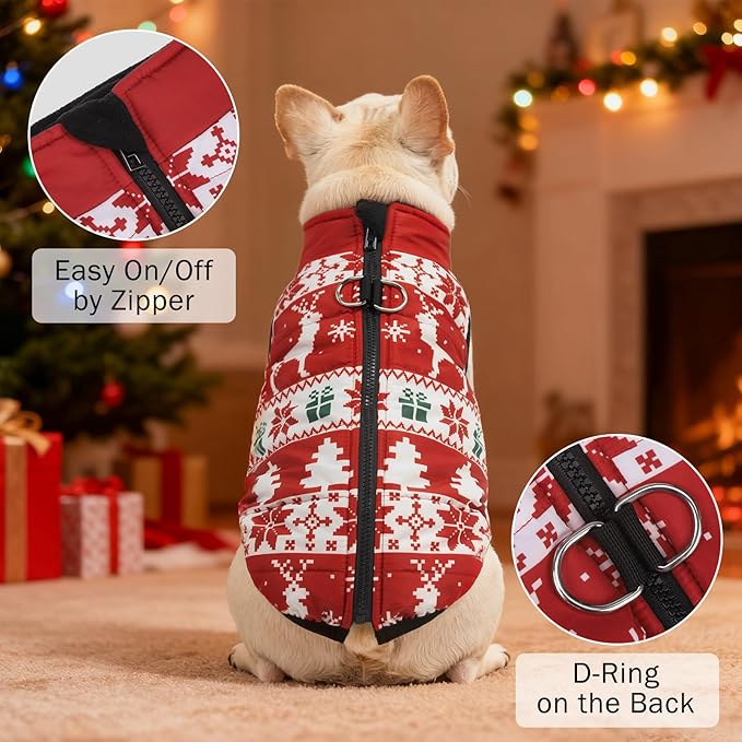 SCENEREAL Christmas Winter Dog Vest Coat with Harness Built in, Warm Puppy Jacket for Small Medium Dogs, Cold Weather Coat with Zipper, Fleece Puffer Vest Windproof Snow Clothes, S