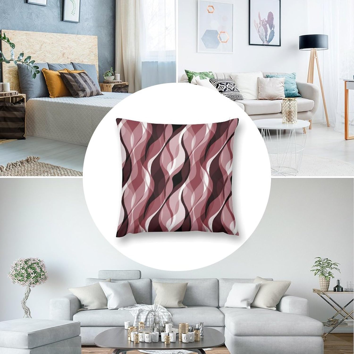 Burgundy Throw Pillow Covers Modern Abstract Ombre Burgundy Striped Decorations for Bedroom Living Room Farmhouse Sofa Pillows Bed Couch 16x16 Inch