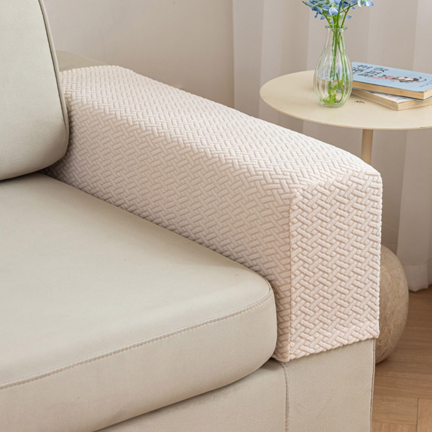 2Pcs Couch Arm Covers, Armrest Cover for Sofa, Sofa Arms Covers Washable Arms with Twist Pins Soft,Skin-Friendly for Pets (Texture Beige, Armrest Cover)