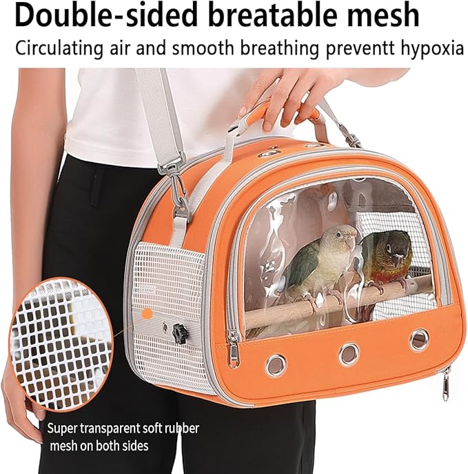 Bird Carrier,Bird Cage Parakeet Parrot Budgie Carrier Backpack for Small Birds, Travel Bird Cages with Perch, Transparent Ventilation Cockatiels, Lightweight Pet Carrier for Outdoor Use(Orange)