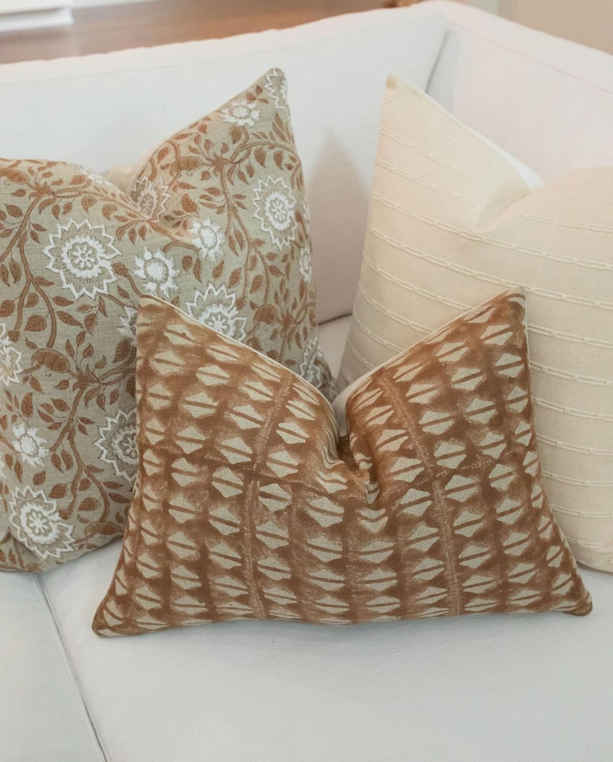 Designer Floral Warm Beige Tan on Off White Linen Pillow Cover, Peachy Pillow Cover, Boho Pillow, Neutral Pillow Cover, Floral Pillow Cover (Warm Beige Tan, 14x42)