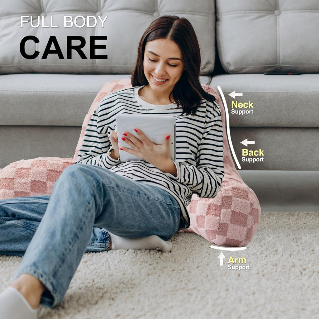 Aimuan Reading Pillow Checkered Bed Rest Wedge Backrest Checkerboard Pillow with Arms Back Support for Sitting Up in Bed Cushion Incline Rest Sleeping Snoring Pillow, Pink