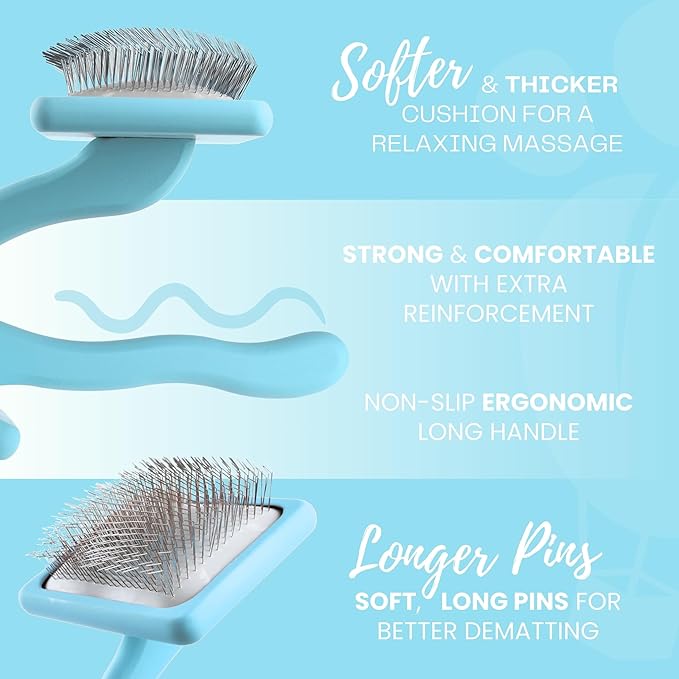 Pet Slicker Brush With Soft Massage Grooming Stainless Steel Pins - For Dematting, Shedding Fur, and Undercoat - Ideal Gift for Professional Pet Groomers - Long Slicker Brush - Flying Pawfect