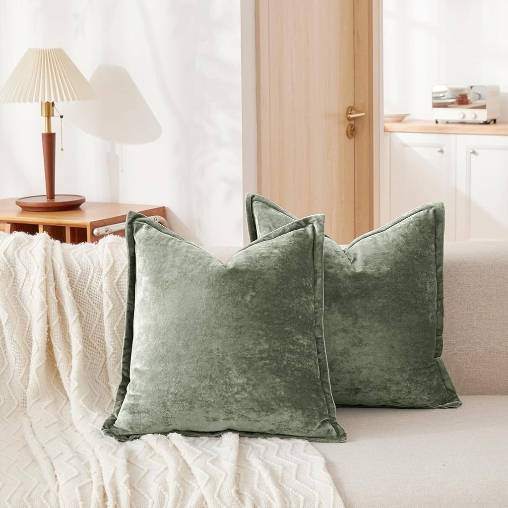 Luxurious Velvet Euro Shams Decorative Throw Pillow Covers 26x26 Set of 2 Solid Square Euro Pillow Shams for Sofa Couch Bedroom, Army Green