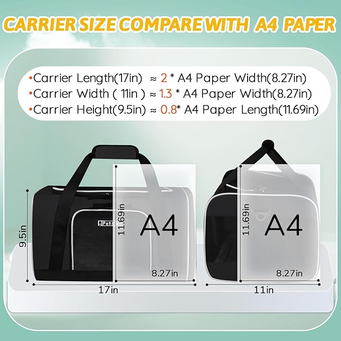 Petskd Pet Carrier 17x11x9.5 Alaska Airline Approved,Pet Travel Carrier Bag for Small Cats and Dogs, Soft Dog Carrier for 1-10 LBS Pets,Dog Cat Carrier with Safety Lock Zipper(Black)