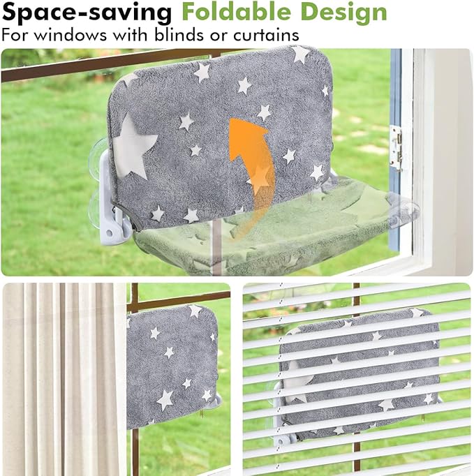 2PC Cat Window Perch, Glow in The Dark Cordless Foldable Pet Hammock Bed for Window with Sturdy Metal Frame, Glowing Stars Pattern Resting Seat for Indoor Cats (2PC Stars - M)