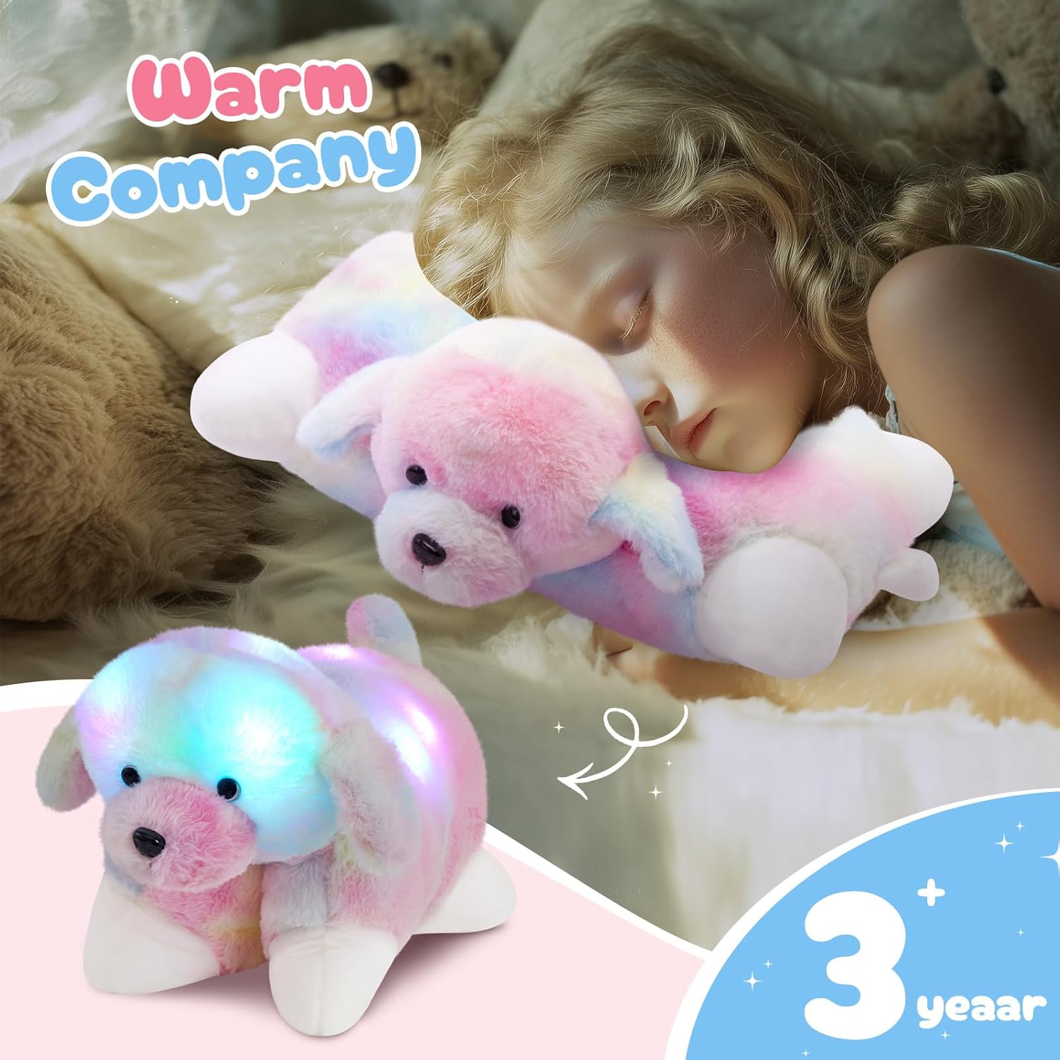 Glow Guards 14" Light Up Musical Rainbow Dog Stuffed Animal Sofa Decors Christmas Children's Day Birthday Gifts for Toddlers Kids (Rainbow Dog, LED & Music)