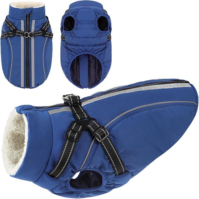 Dog Winter Coat with Harness Built in Warm Puffer Dog Jackets for Small Medium Large Dogs Windproof Waterproof Outfit with Plush Lining and Reflective Stripes (Blue, S)
