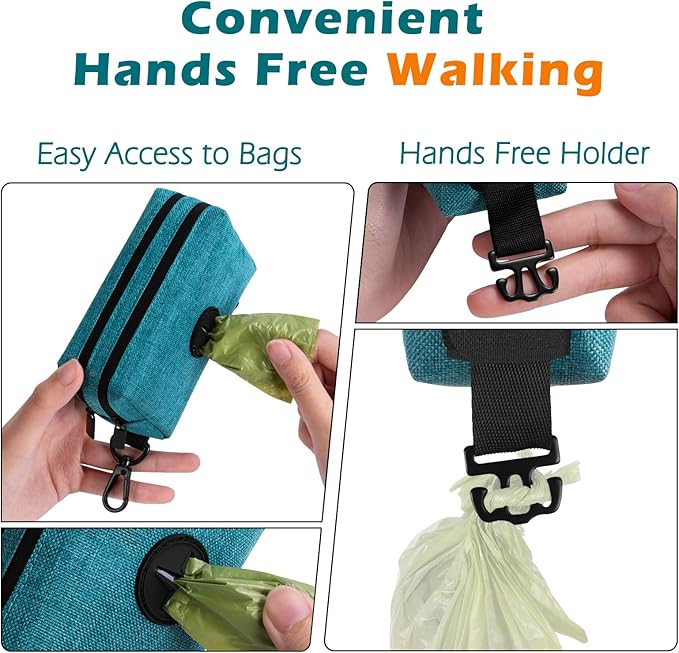 PetBonus Dog Poop Bag Holder, Portable Pet Waste Bag Dispenser, 2 Pouches for Treats and Walking Accessories, Fit All Leashes, Includes 1 Roll of Dog Poop Bags (Lagoon Blue)