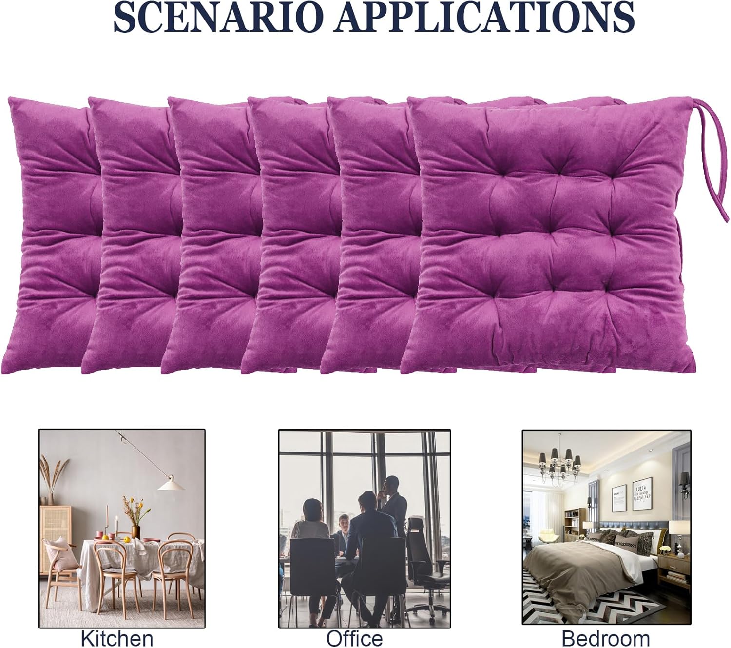 6 Pack Square Seat Cushion Chair Pads for Kitchen Dining Chairs, Soft Comfort Velvet Chair Mat Pillow Cushions with Ties for Office Desk Living Room Tatami 15.5", Purple