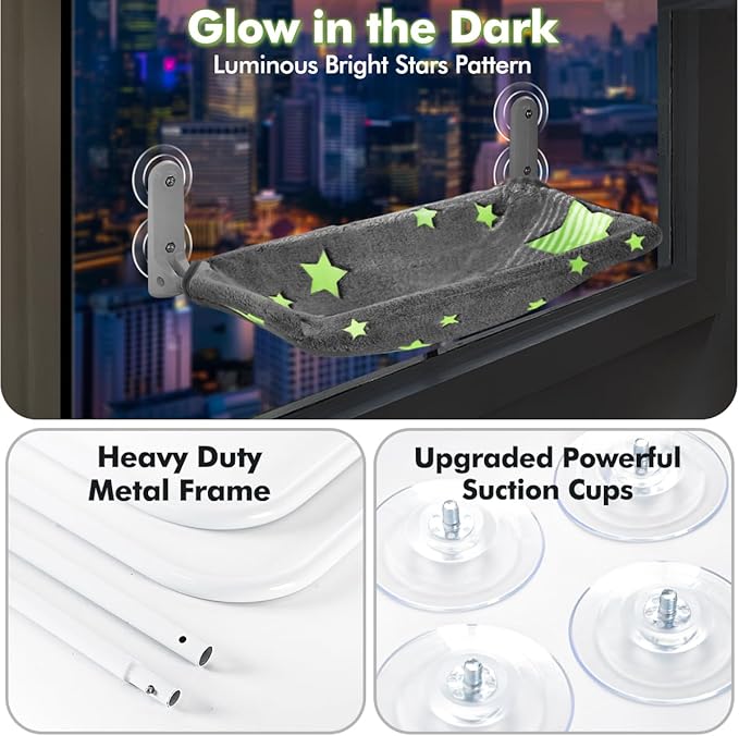 Cat Window Perch, Glow in The Dark Cordless Foldable Pet Hammock Bed for Window with Sturdy Metal Frame, Glowing Stars Pattern Resting Seat for Indoor Cats (Stars - L)