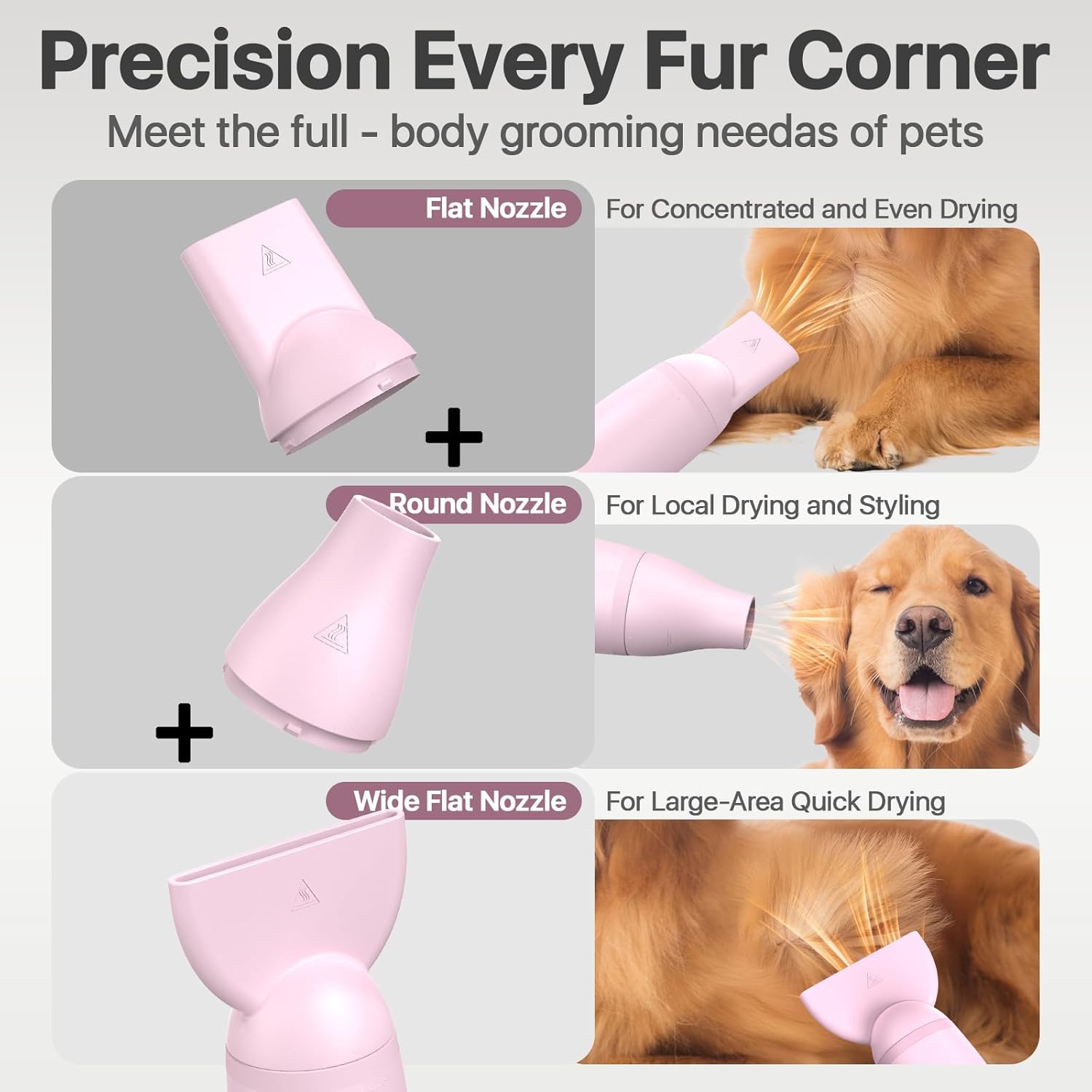 Dog Blow Dryer for Pet Grooming Handheld Lightweight Dog Cat Hair Dryer 3 Speeds 4 Temp, Portable 3HP High Velocity Pet Blower Quiet Dryer for Travel Campaign Home, with 3 Nozzles, Pink
