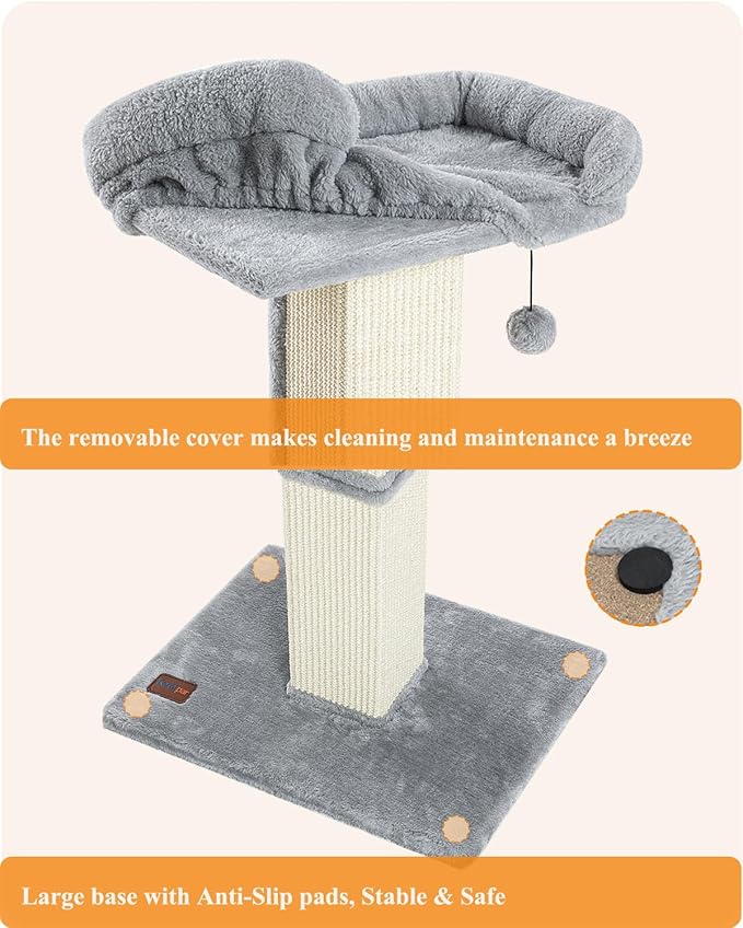32" Cat Scratching Post for Indoor Cats, Sisal Cat Scratcher with Plush Perch, Large Scratch Post with Bed, Removable Cover, Sisal Fabric,Light Grey