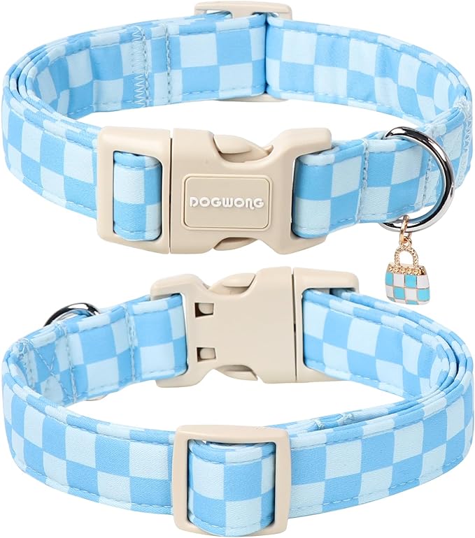 DOGWONG Blue Checkered Dog Collar, Blue Plaid Dog Collars, Adjustable Cute Boy Pet Collars Girl Design Dog Collar for Small Medium Large Dogs