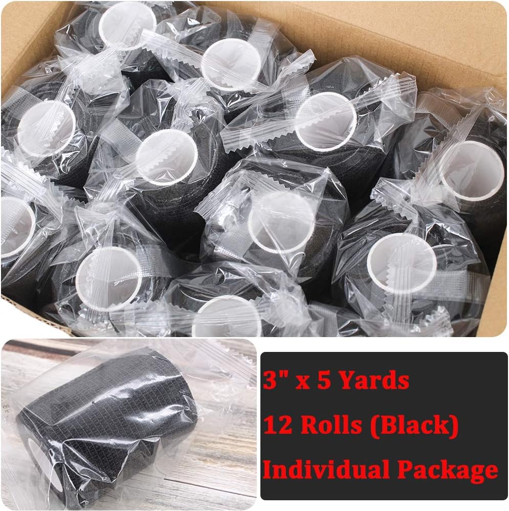 12 Rolls Elastic Self Adhesive Bandage Wrap 3 Inch, Breathable Non Woven Cohesive Bandage, Vet Wrap for Dogs, Ankle Sprains Swelling Medical First Aid Tape, Sports Athletic Tape Black