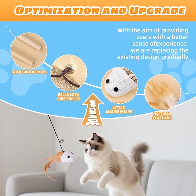 Cats Wand Toy Cat Teaser Toy Stretchy Rope Mouse Shape with Bell Feather Cat Self-Help Relief Toys Bite and Wear Resistant Pet Interactive Toy Suitable for Kittens Adult Cats Households