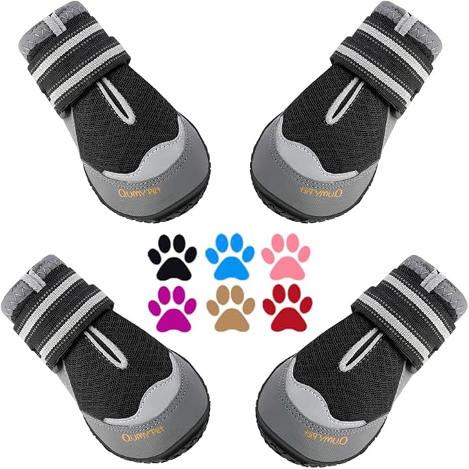 QUMY 4PCS Dog Boots for Large Dogs, Medium Dog Shoes & Paw Protectors for Hot Pavement, Summer Heat Protection, Mesh Breathable Nonslip Dog Booties for Hardfloors, Walking Running Hiking Black Size 7