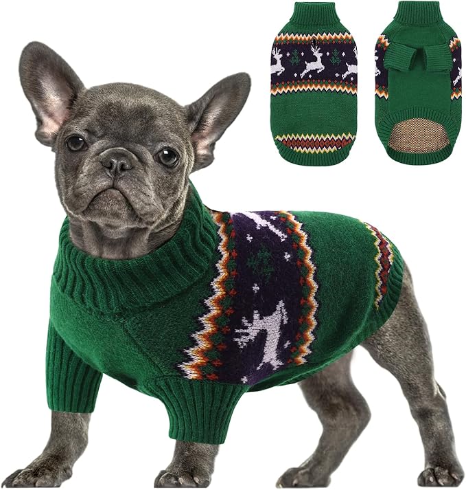 Queenmore Dog Christmas Sweater,Turtleneck Knitted Pullover Xmas Pet Clothes Sweatshirt,Christmas Outfit, Warm Dog Sweaters for Small Dogs Boy Girl,XmasDeer,XS
