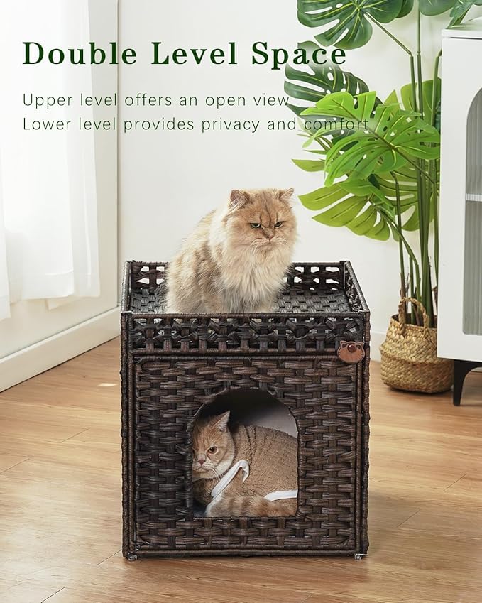 Cat Beds for Indoor Cats Extra Large Double Cat Cave Pet Cube, Handwoven Rattan Cat Houses with Double-Sided Soft Cushions, 18.5 x 20.5 x 19.1 Inches Foldable Hideaway in Living Room Brown