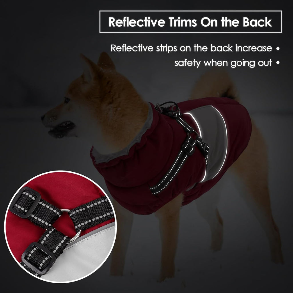 SUNFURA Small Dog Coat with Harness Built in, Warm Dog Jacket Winter with Zipper On Back, Waterproof Pet Snow Jacket Snowsuit Pet Sweater Clothes for Schnauzer, Yorkshire Terrier, Burgundy S