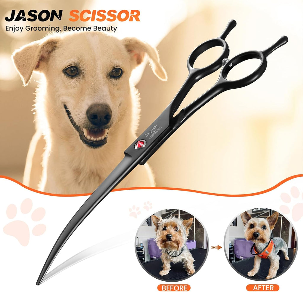 JASON 7.5" Dog Grooming Scissor - Professional Down-curved Shear with Ergonomic Handle Japanese Stainless Steel Hair Scissor for Dogs, Cats and Other Pets, Sharp (Down-curved, Black)