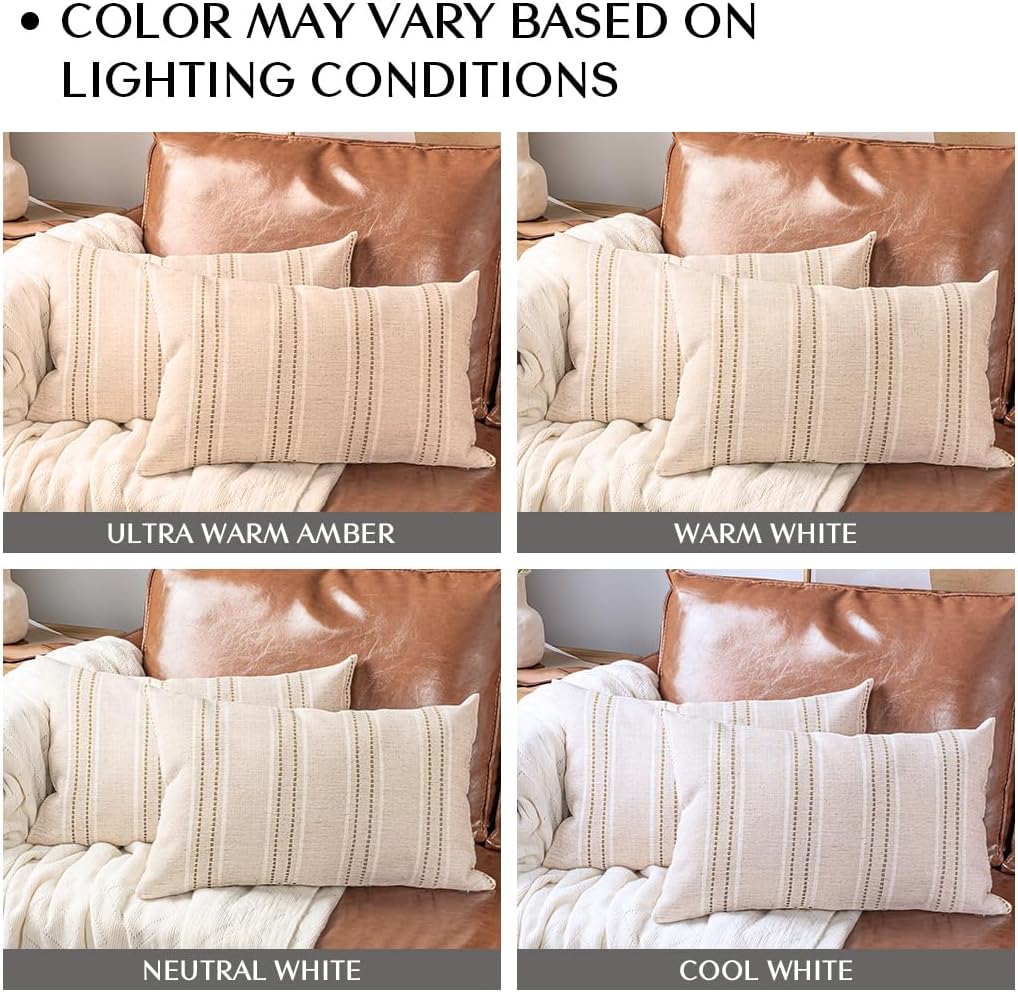 AELS 12x20 Decorative Farmhouse Linen Throw Pillow Covers, Boho Textured Pillow Case, Set of 2, Beige with White & Brown Stitch Yarn Dyed Stripe Cushion Cover for Sofa Couch Living Room (Cover ONLY)