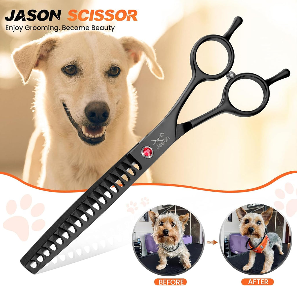 JASON 7.5" Dog Grooming Scissor - Professional Thinning Chunker Shear with 18 Teeth Japanese Stainless Steel Hair Scissors for Dogs, Cats and Other Pets (Chunker, Black)