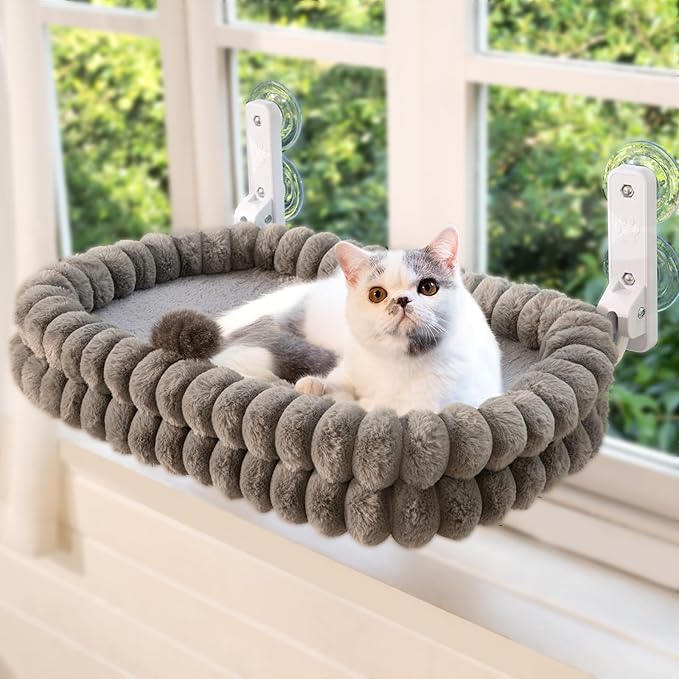 CHEERPALS Cat Window Perch for Indoor Cats Hammock for Window with Reversible Cushion, Foldable Cat Window Bed for Large Cats and Kittens(Grey,Medium)