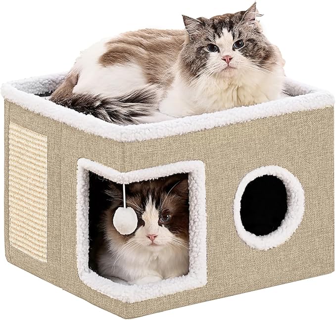 Cat Beds for Indoor Cats Houses, Large Cat Cave with Fluffy Ball and Scratch Pad, Foldable Cat House with Hideaway Tent for Kitten,Grey (SingleAK, Large)