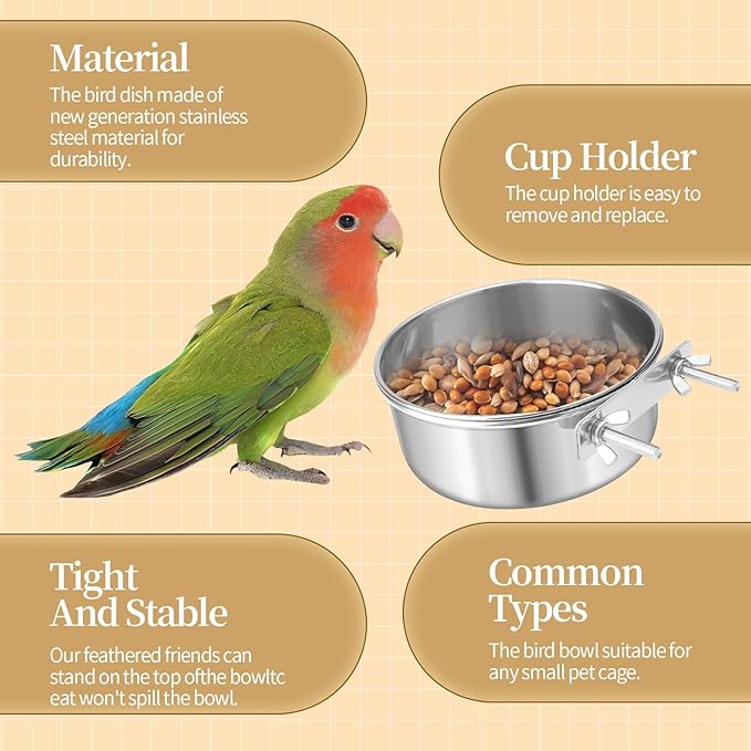 Bird Cage Feeder, Bird Feeder for Cage, 30oz Stainless Steel Food Water Bowl with Clamp, Clip-On Cage Coop Cup for Parrot Hamster Rabbit Rat Small Animals