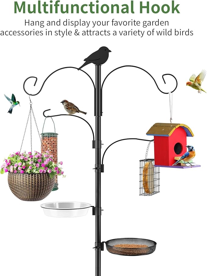 Bird Feeder Pole, 91in 4 Hook Bird Feeding Station with Adjustable Shepherds Hooks, Birds Feeder for Outdoors with Pole 5 Prongs Base Attracting Wild Birds (ATR Deco, Black 91in)
