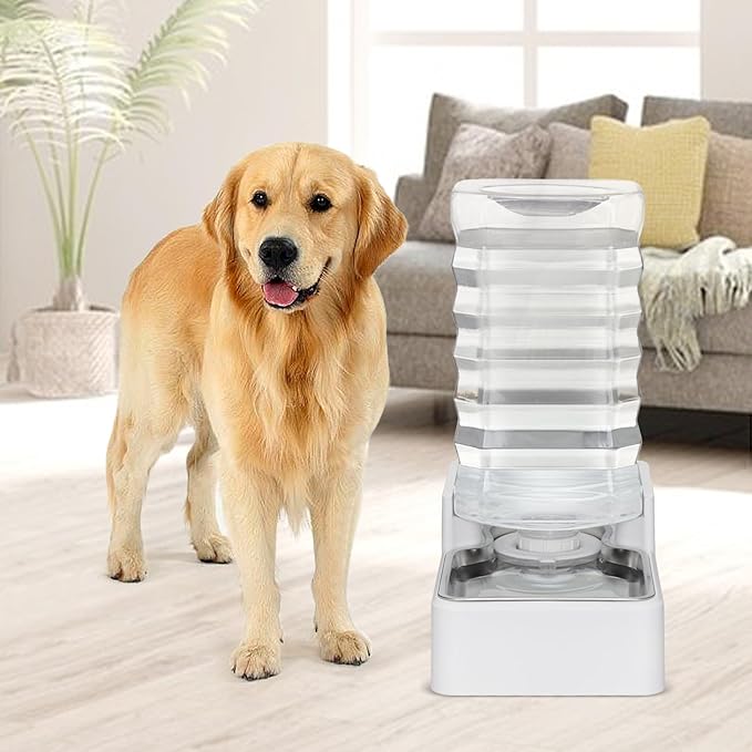 Sfozstra Dog Water Bowl Dispenser: 9L Lagre Automatic Gravity White Pet Water Dispenser - Stainless Steel Bowl - BPA-Free - Two Caps and Filters for Multiple Pets