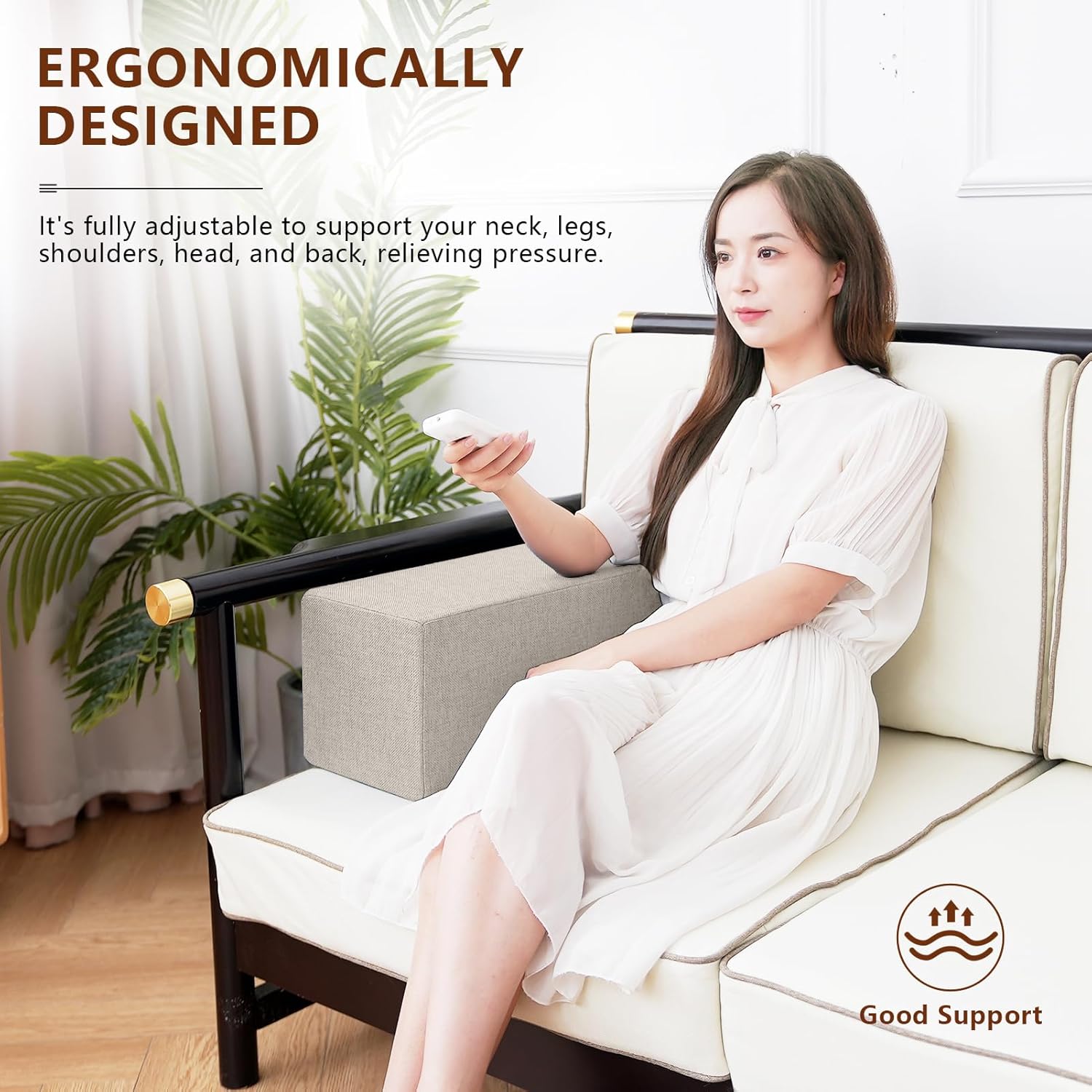 2 Pack Couch Arm Rest Pillow, 8''x8''x20'' Linen Cover, High Density Foam Armrest Cushion, Removable & Washable Elbow Support for Sofa, Bed, and Armchair (Beige)