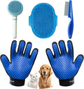 4Piece Dog Grooming Brush Set with Grooming Gloves, Deshedding Comb & Massage Bath Brush - Multifunctional Pet Hair Removal Tools for Shedding, Bathing, Brushing (Blue)