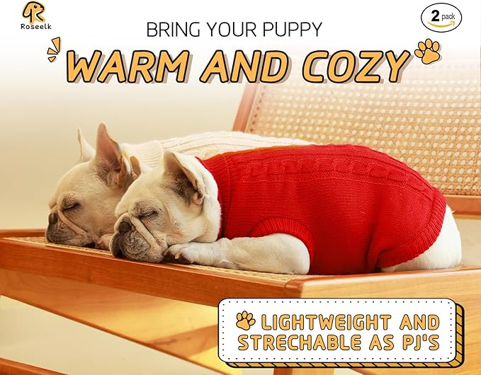 2 Pack Dog Sweaters for Small Dogs - Puppy Medium/Large Warm Clothes in Winter, Turtleneck Pullover Design for Boy Girl Pet, Doggie, Cat, Kitten Chihuahua Bulldog Pug Beagles (L, Red, Beige)
