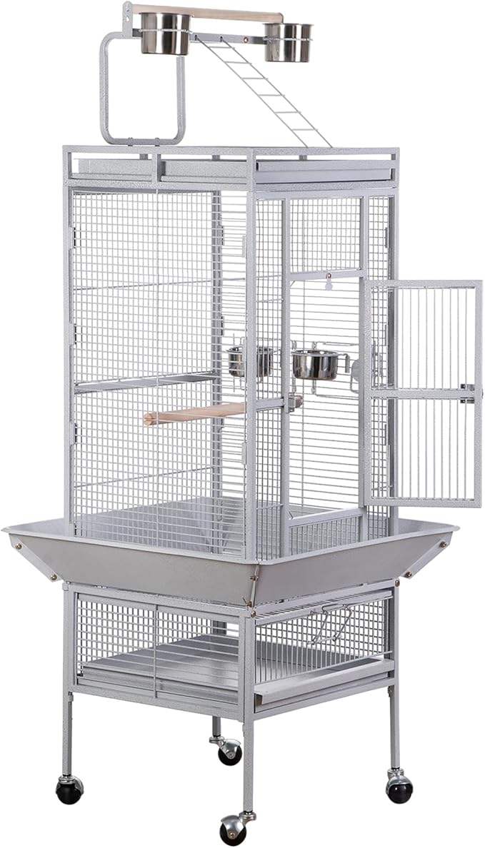ZENY 61-inch Large Parrot Cockatiel Bird Cages with Wrought Iron Play Top, Aviary with Rolling Stand for Sun Parakeet Quaker Conure Lovebird Budgie Finch African Grey White Birdcage (White)