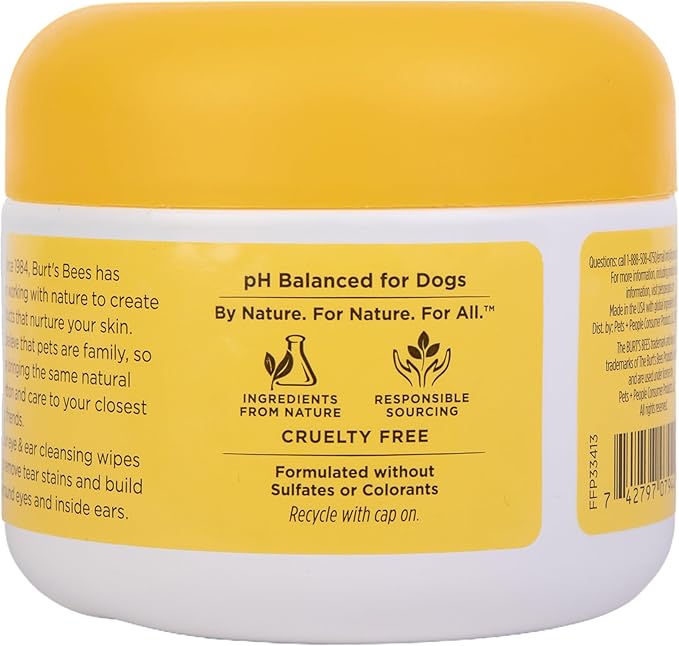 Burt's Bees for Pets Eye & Ear Cleansing Wipes for Dogs, Fragrance-Free, 98% Natural Origin Formulas, Gentle Spot Cleaning Sheets for Dog Eyes and Ears, 100 Count
