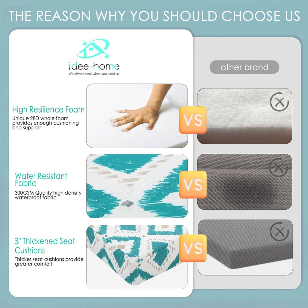 idee-home Outdoor Chair Cushions Set of 4, Thick 17" x 17" x 3" Outdoor Seat Cushions Patio Furniture Waterproof with Ties, Dining Pads