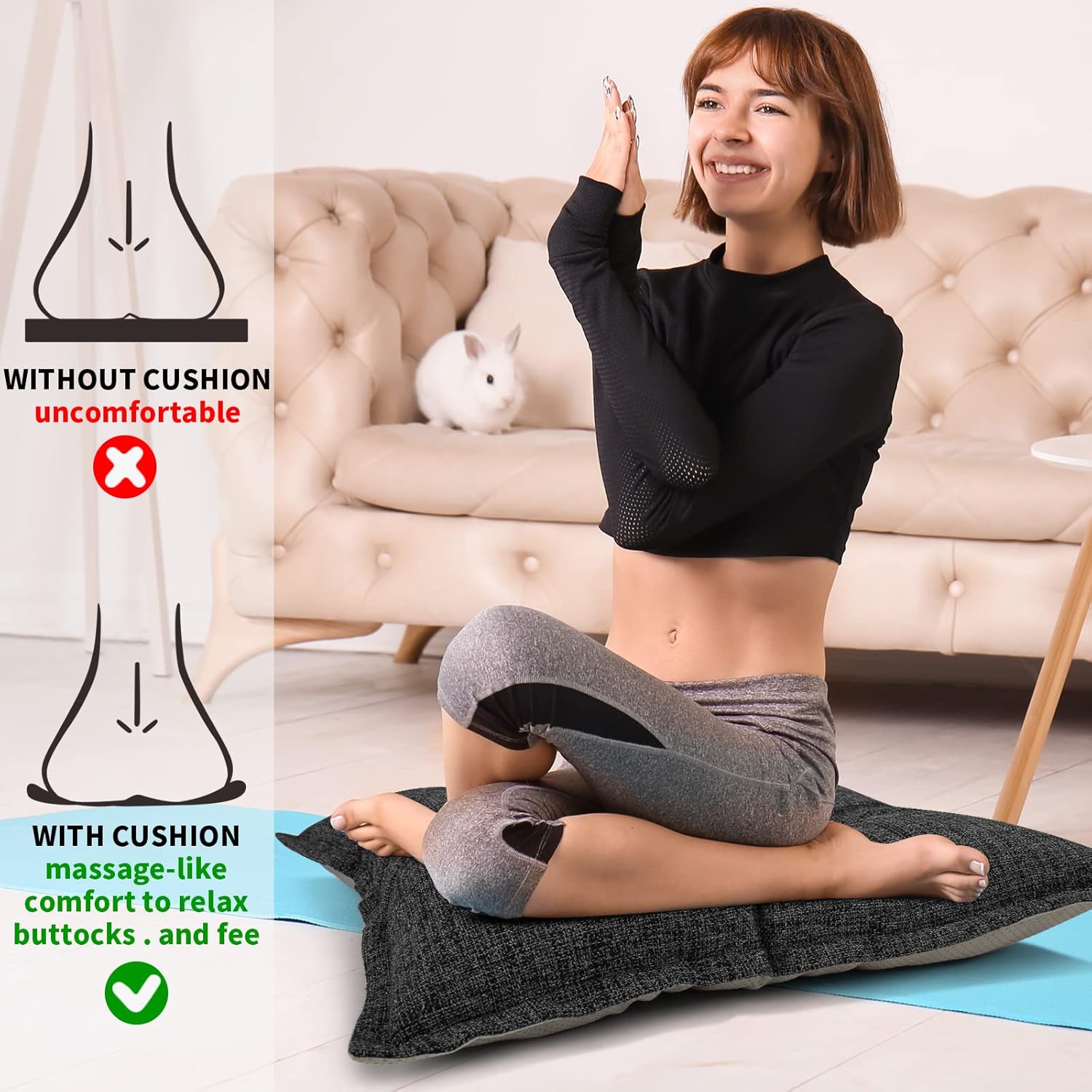 SINSOSSO Large Floor Pillow 22", Thickened Bite-Size Memory Foam Square Non-Slip Cushion for Office Back Support/Indoor Yoga/Chair Seat, Fashionable Color-Blocked Fabric & Washable, Black, 1 PCS