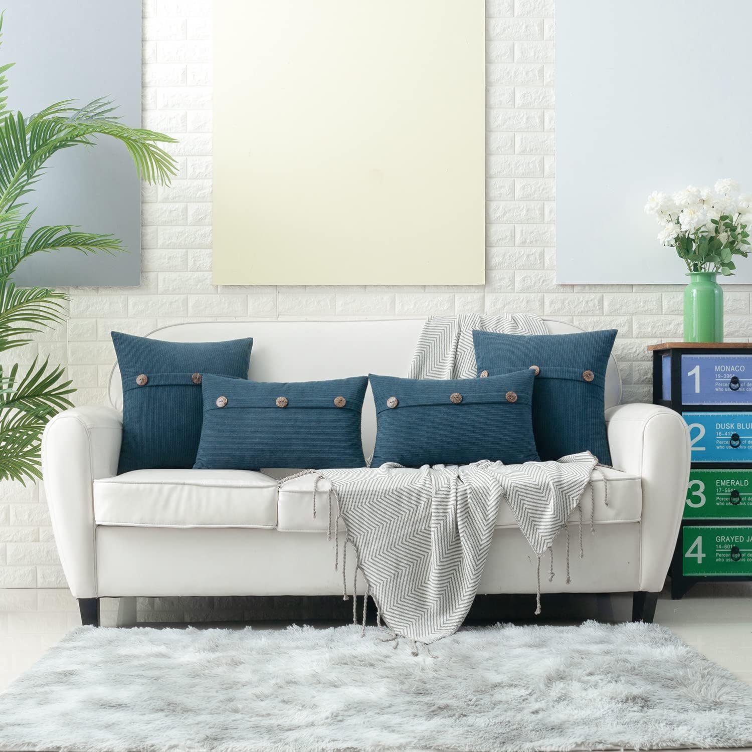 HWY 50 Blue Chenille Throw Pillow Covers 16x16 Inch with Triple Buttons, Soft Farmhouse Accent Decorative Cushion Cases for Couch Sofa Bed Living Room Pack of 2