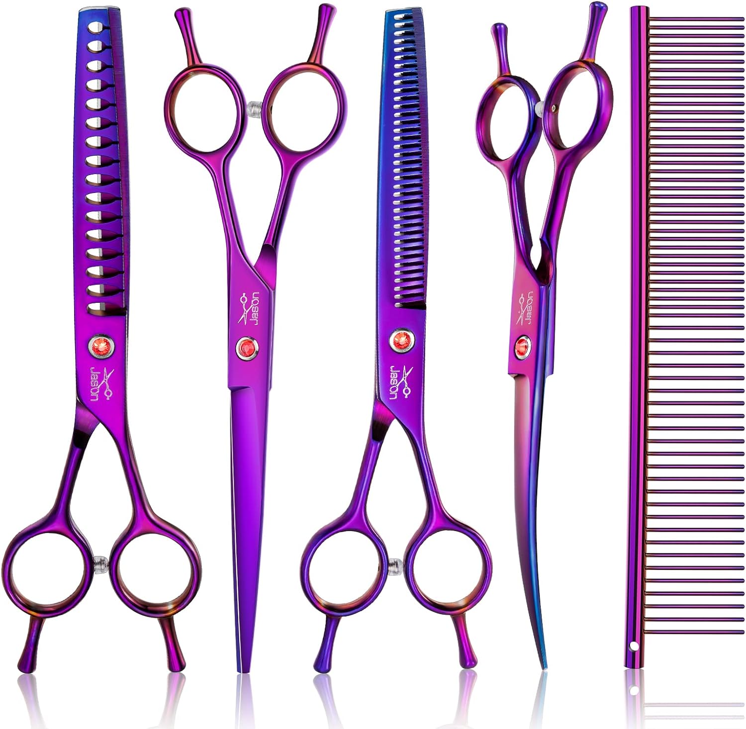 JASON Dog Grooming Scissors Kit, Professional 6 in 1 Dog Scissors Sharp Shears Set - Straight, Thinning, Chunker, Curved Shears and Comb for Long Short Hair for Dog Cat Pet