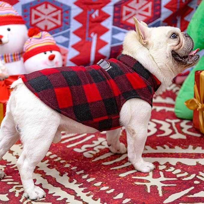 BEAUTYZOO Small Dog Sweater Fleece Vest Winter Jacket, D-Ring Leash Attachment for XS S Puppy Medium Sized Breeds Dogs, Cold Weather Dog Clothes Windproof Keep Warm, Christmas Red Plaid XS