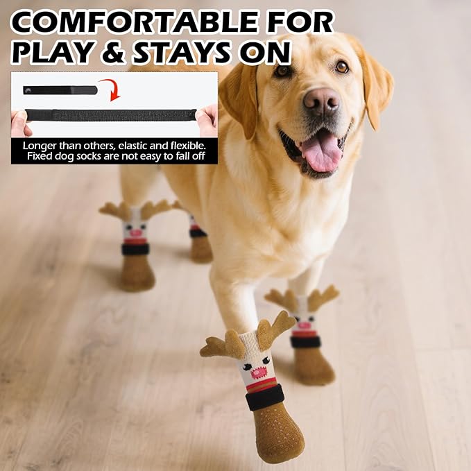 EXPAWLORER Christmas Anti Slip Dog Socks to Prevent Licking Paws, Boots & Paw Protectors with Grippers,Doggie Booties for Hardwood Floors for Small Medium Large Senior Dogs Lifelike Costume Reindeer S