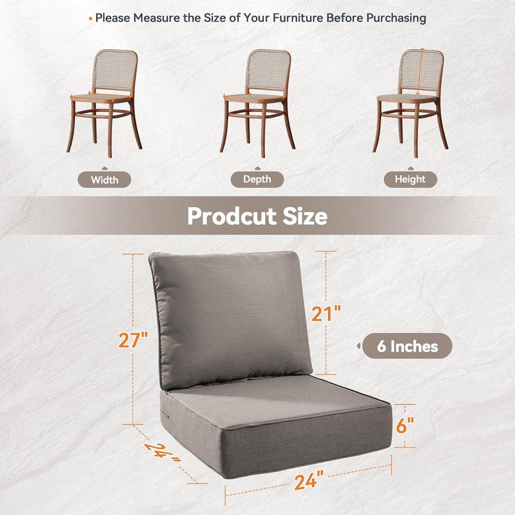 Luxury 6" Outdoor Cushions for Patio Furniture, 24x24x6" Thick Seat Cushion Set of 2, Fade Resistant Couch Chair Replacement Cushions High Density Deep Wicker Chair Cushion w/ Removable Cover Gray