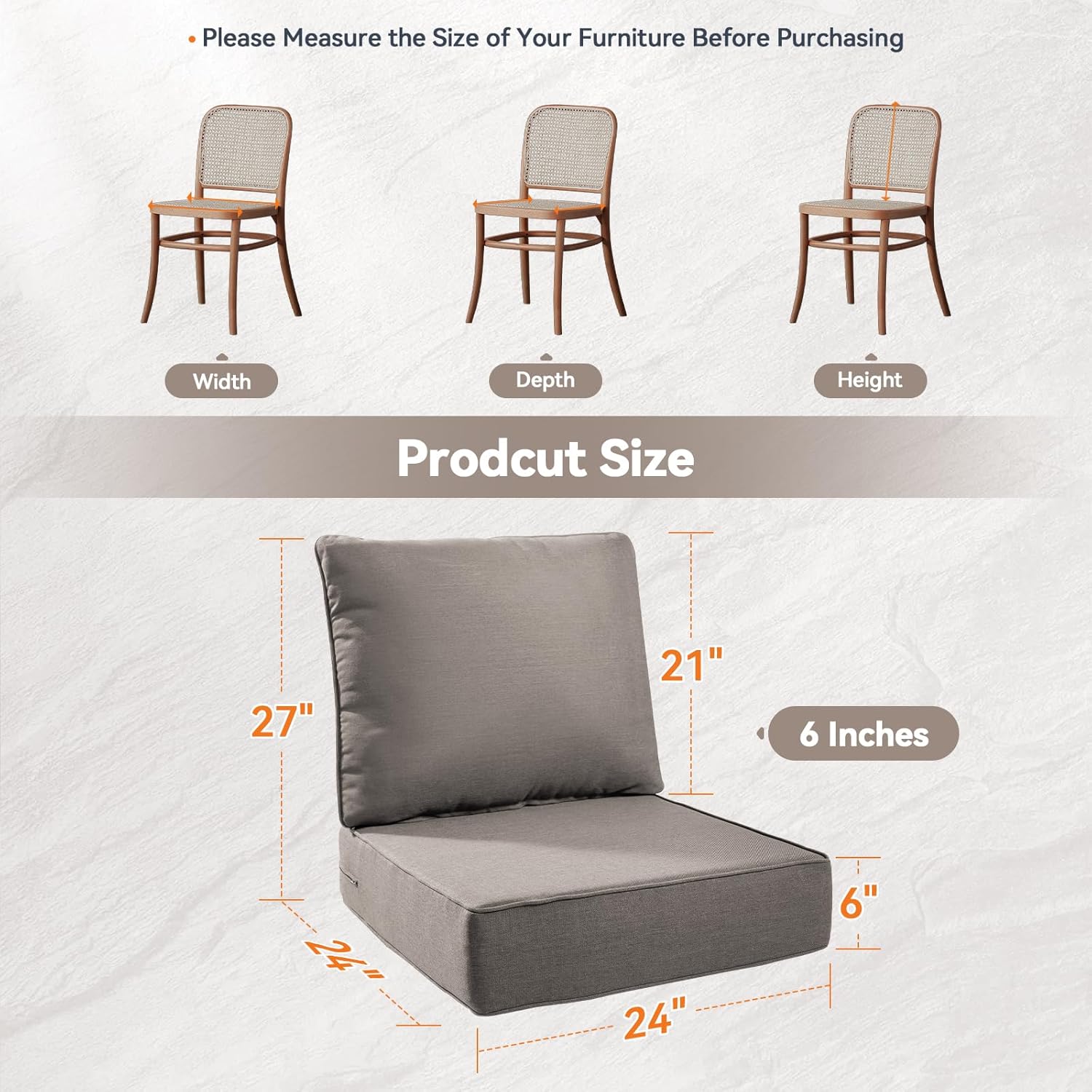 Luxury 6" Outdoor Cushions for Patio Furniture, 24x24x6" Thick Seat Cushion Set of 6, Fade Resistant Couch Chair Replacement Cushions High Density Deep Wicker Chair Cushion w/ Removable Cover Gray