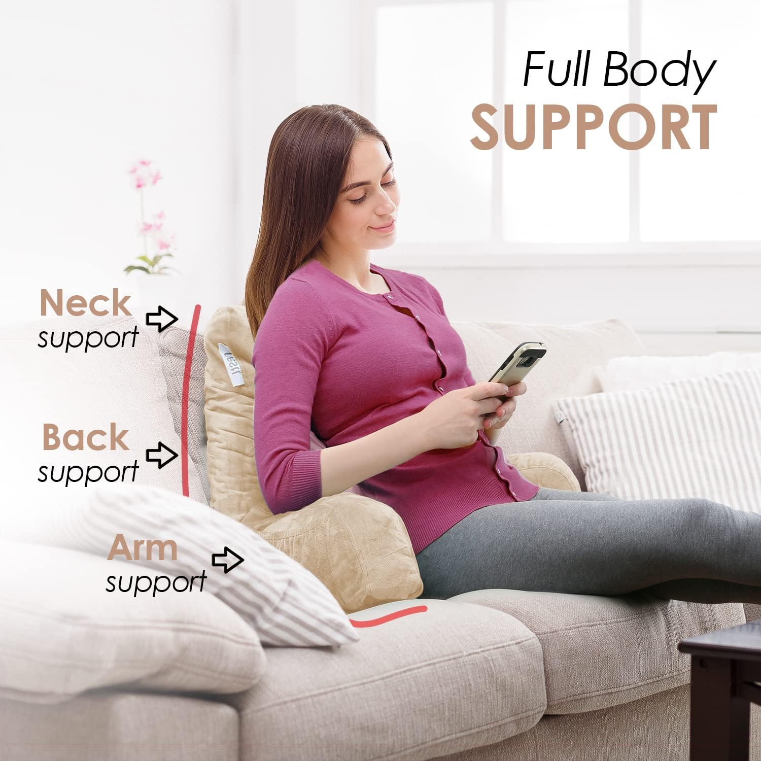 Nestl Reading Pillow for Kids & Teens with Shredded Memory Foam, Backrest Pillows for Reading, Watching, and Gaming, Use on the Couch, Bed, or Floor, Adjustable Support with Washable Cover Beige Cream