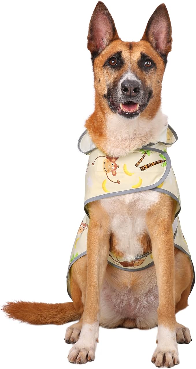 Dog Raincoat for Medium Dogs Waterproof Hooded Rain Jacket with Reflective Strips Leash Hole & Poncho Adjustable Fit (Monkey,L)