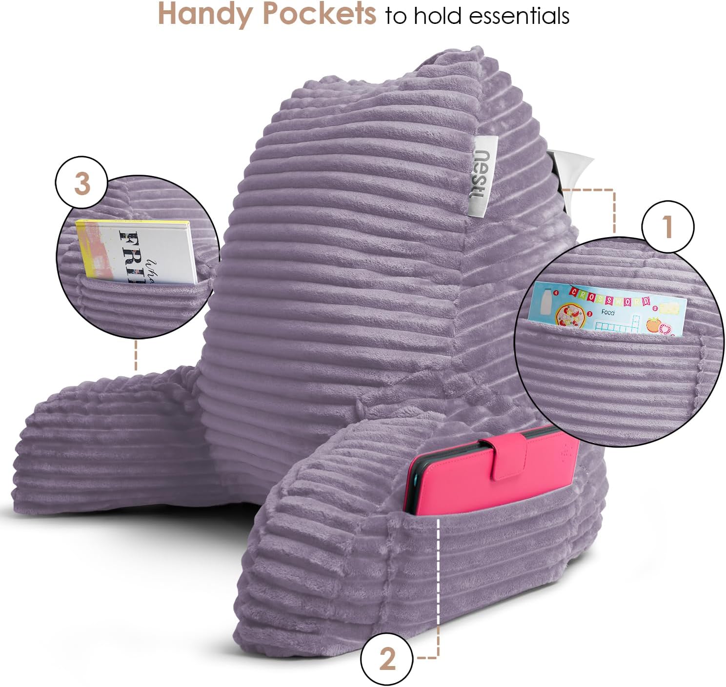 Hearth & Harbor Reading Pillow for Bed Adult – Back Pillow for Sitting in Bed, Standard Bed Pillows for Sitting Up, Foam Chair Pillow, Dusty Purple