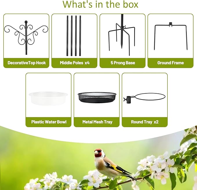 MIXXIDEA Bird Feeding Station Bird Feeder Pole with 5-Prong Base Hanging Hooks Water Bath Mesh Tray Wind-Resistant Water Bowl with Metal Snap Fastening for Outdoors to Attract Wild Birds