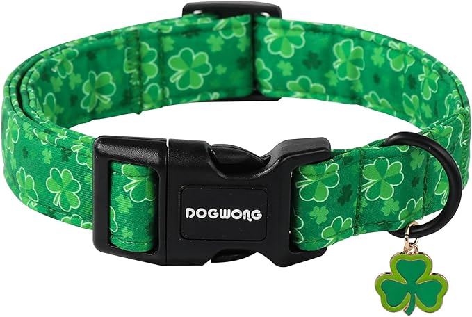 DOGWONG St. Patrick's Day Dog Collar, Cute Green Clover Dog Collars, Adjustable St. Patrick's Day Pet Collars Design Dog Collar with Quick Release Buckle for Boy Female Dogs